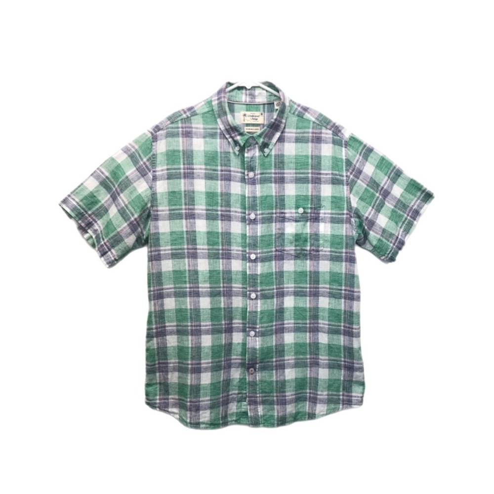 Weatherproof Vintage Shirt Mens Size L‎ Plaid Washable Linen Short Sleeve Casual